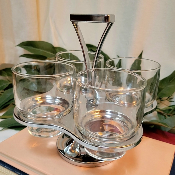 VTG Chrome & Teak Caddy with Four Clear 8 oz Cocktail Bar Glasses MCM